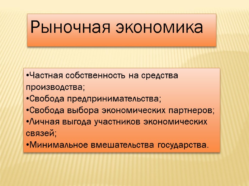 Частная собственность на средства производства; Свобода предпринимательства; Свобода выбора экономических партнеров; Личная выгода участников